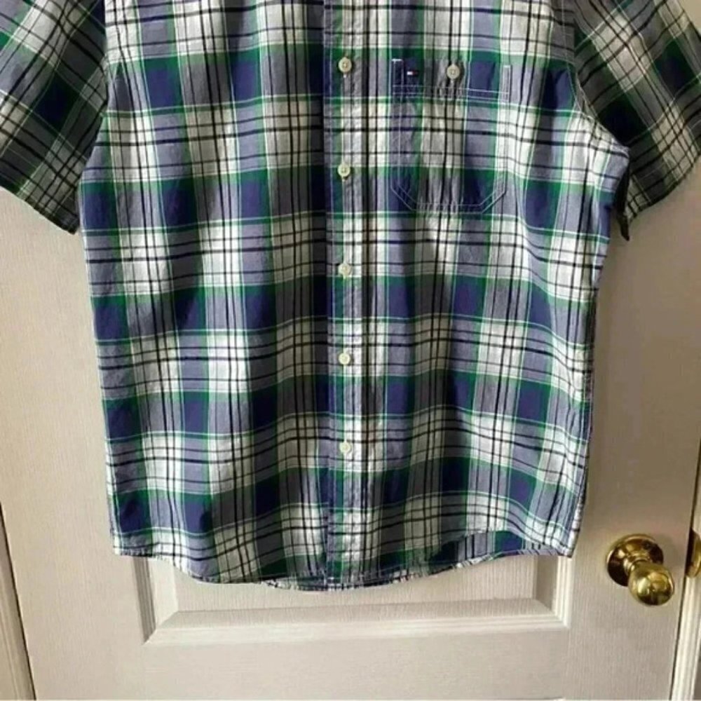 Tommy Hilfiger Mens Short Sleeve Button Down Shirt Cotton Blue Green Plaid Small - Picture 6 of 16